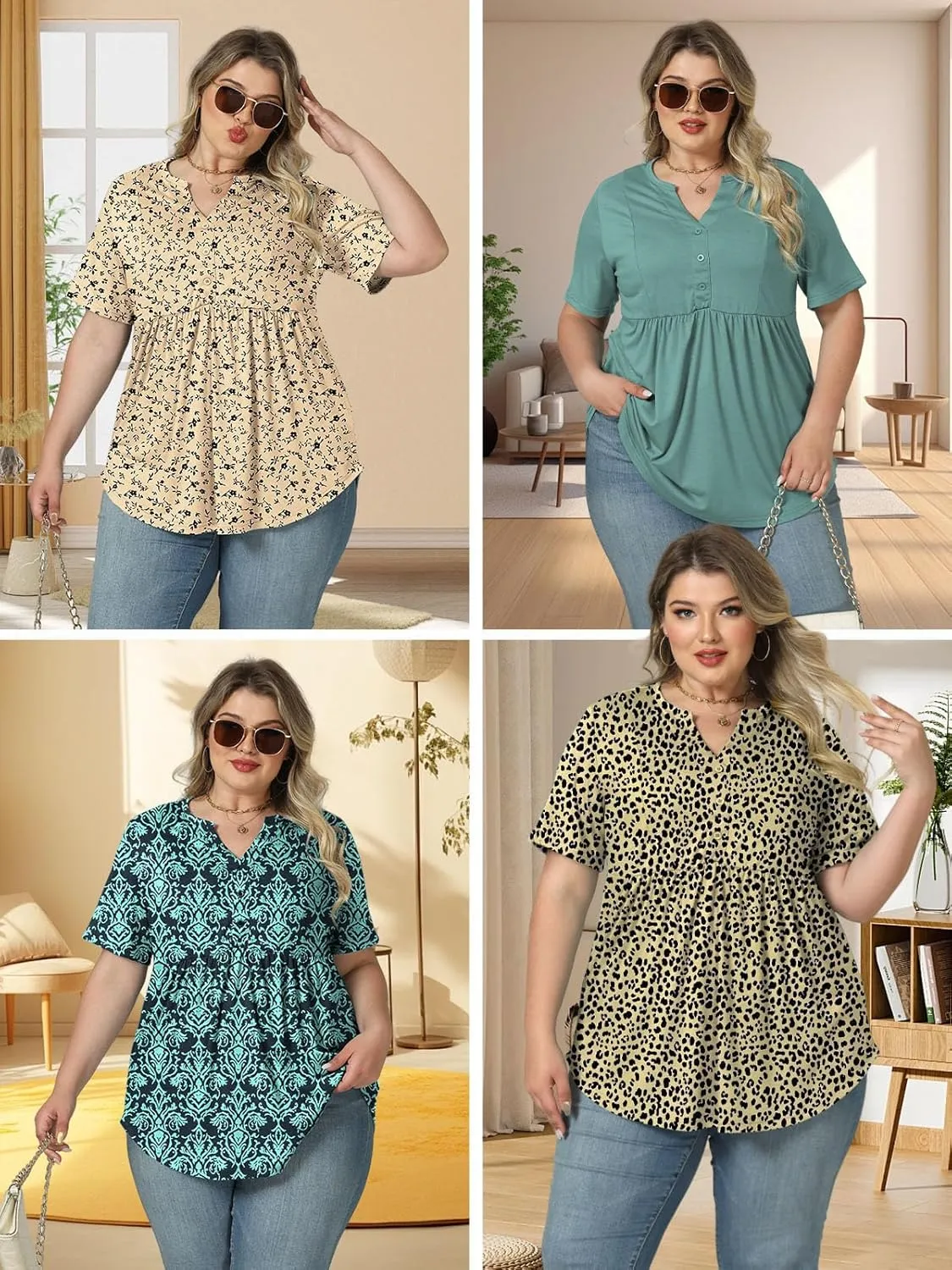 VISLILY Womens-Plus-Size-Henley-Shirts Casual V Neck Summer Short Sleeve Tops Cute Buttons Decor Blouses Flowy Pleated Tunics
