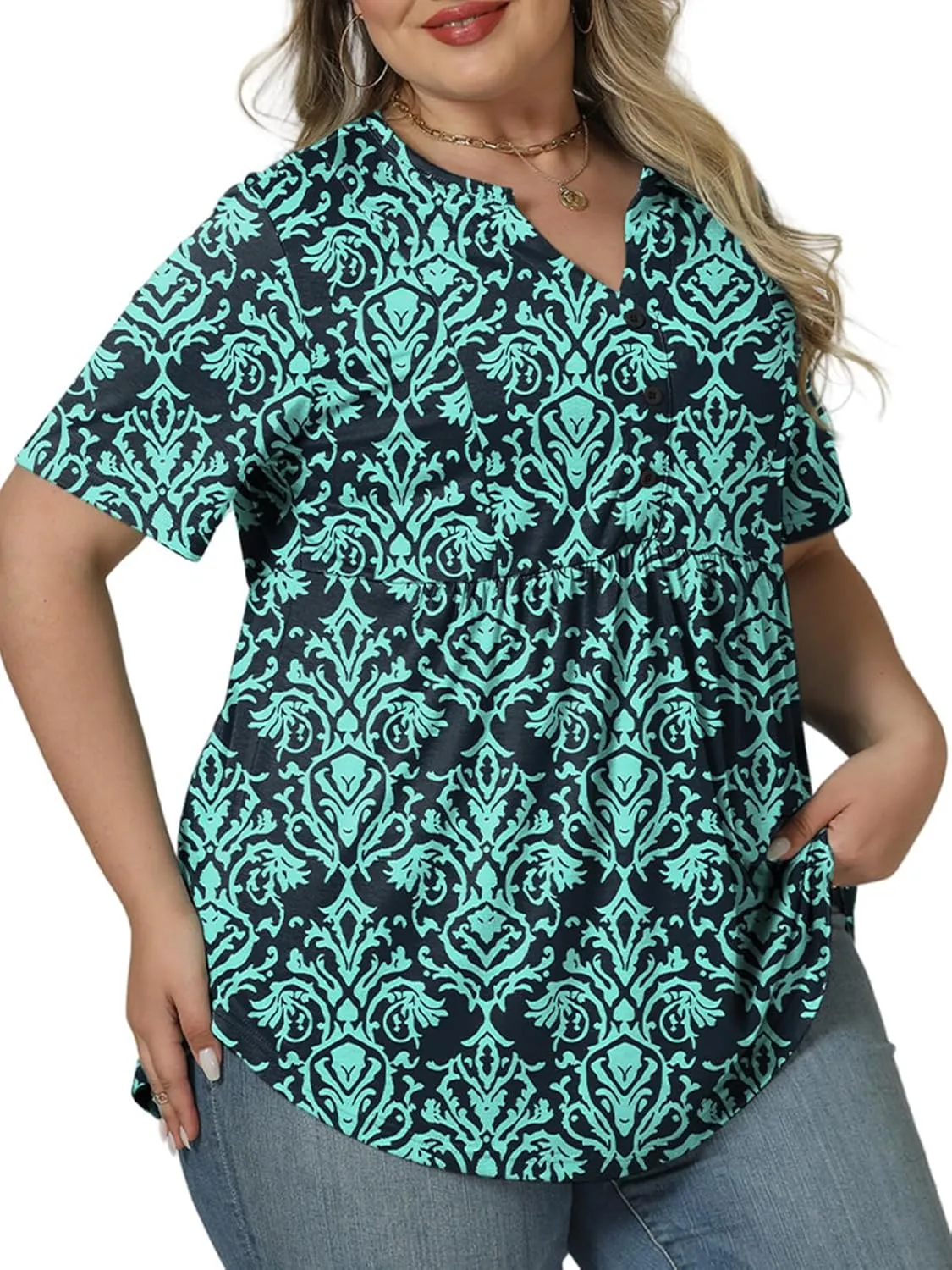VISLILY Womens-Plus-Size-Henley-Shirts Casual V Neck Summer Short Sleeve Tops Cute Buttons Decor Blouses Flowy Pleated Tunics