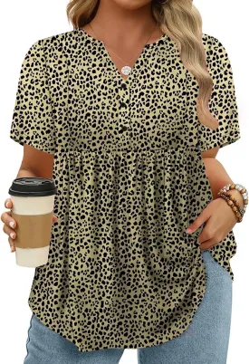 VISLILY Womens-Plus-Size-Henley-Shirts Casual V Neck Summer Short Sleeve Tops Cute Buttons Decor Blouses Flowy Pleated Tunics