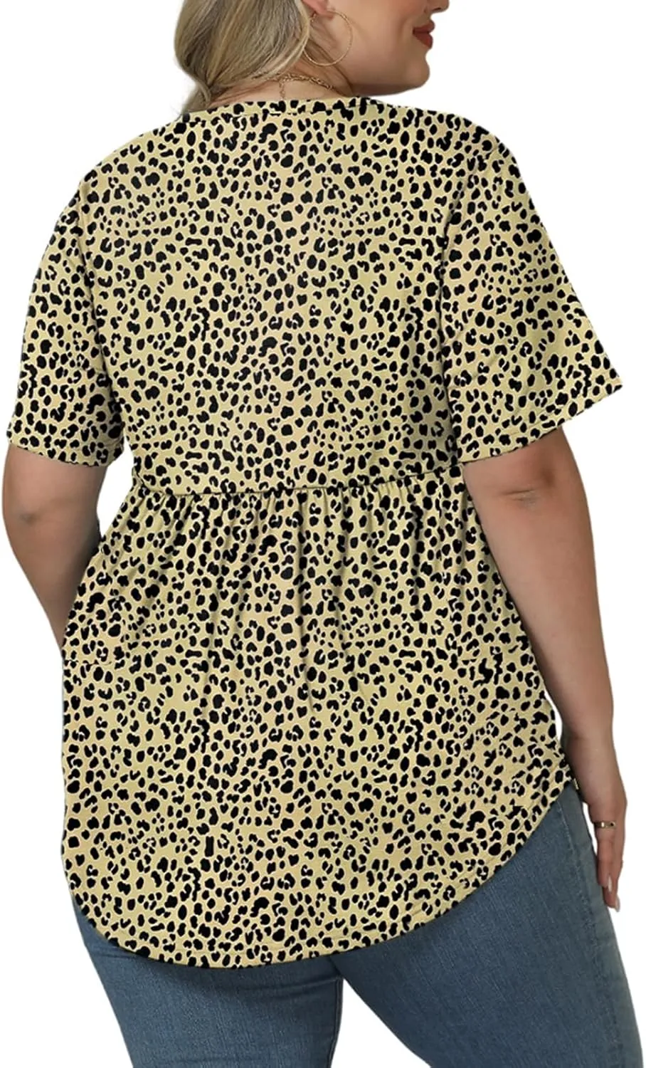 VISLILY Womens-Plus-Size-Henley-Shirts Casual V Neck Summer Short Sleeve Tops Cute Buttons Decor Blouses Flowy Pleated Tunics