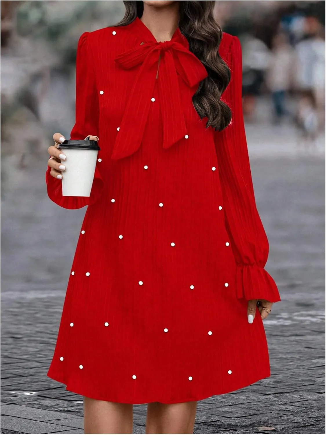 WDIRARA Women's Pearl Decor Flare Long Sleeve Mini Dress Bow Tie Front Dress