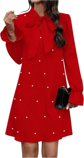 WDIRARA Women's Pearl Decor Flare Long Sleeve Mini Dress Bow Tie Front Dress