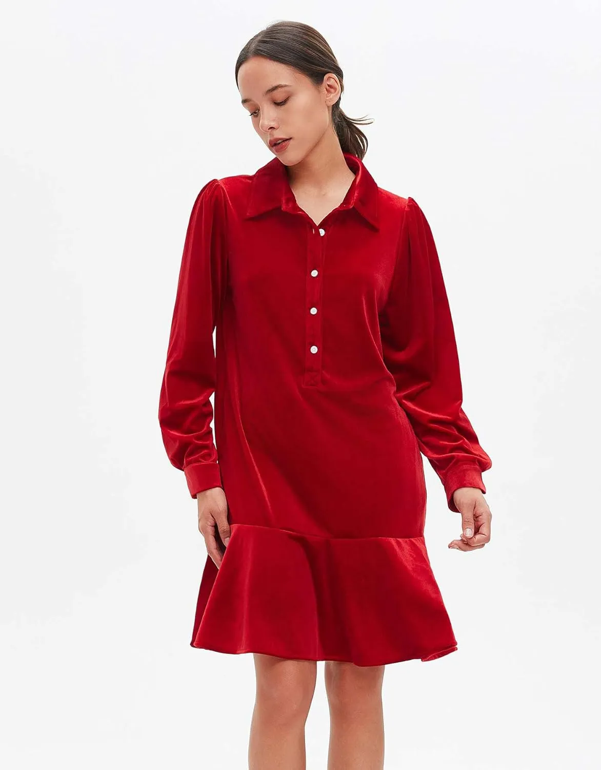 Women's Fall Velvet Dress V Neck Button Down Tunic Shift Dress Flowy Rufflle Hem Mini Party Dresses with Pockets