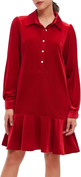 Women's Fall Velvet Dress V Neck Button Down Tunic Shift Dress Flowy Rufflle Hem Mini Party Dresses with Pockets