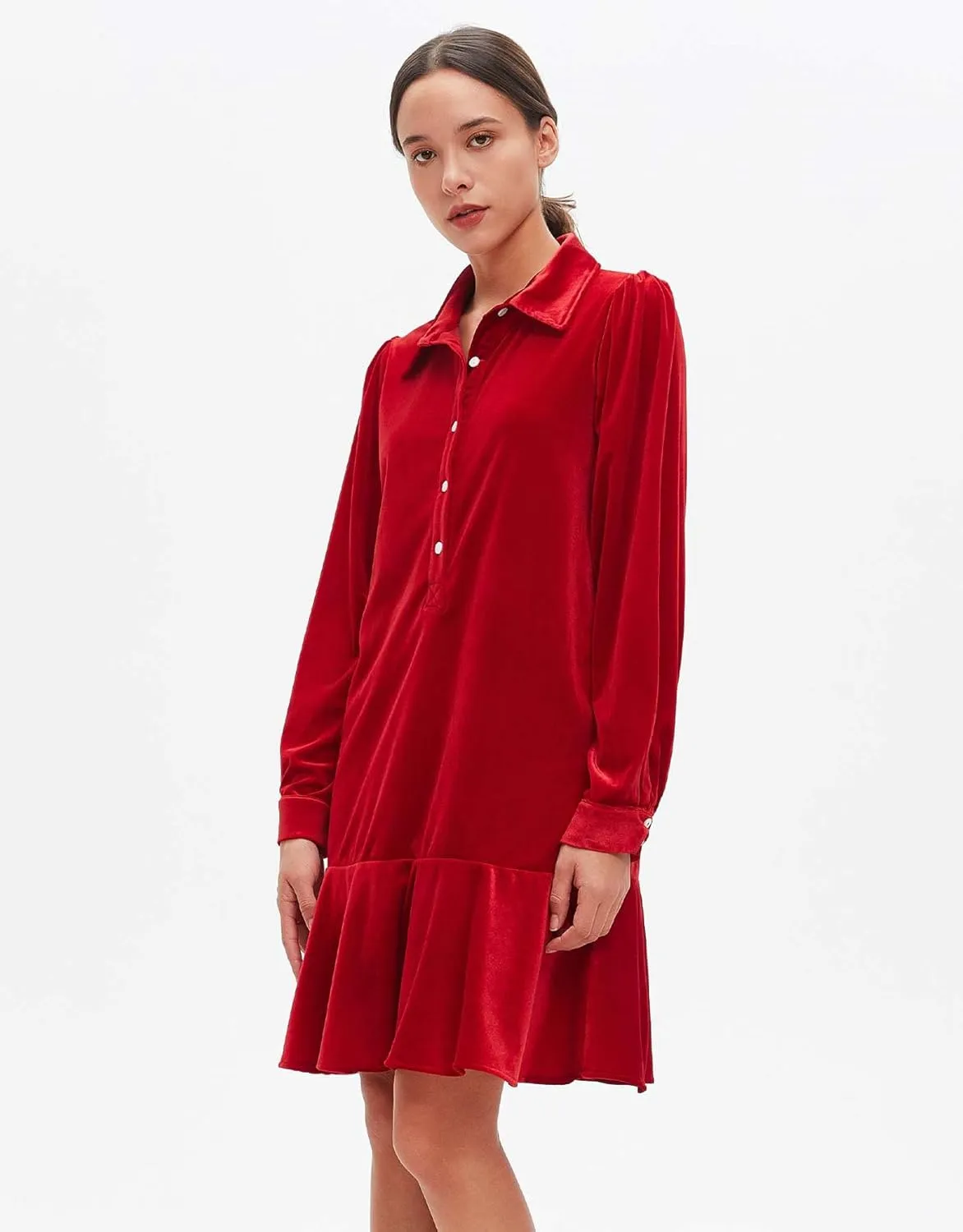 Women's Fall Velvet Dress V Neck Button Down Tunic Shift Dress Flowy Rufflle Hem Mini Party Dresses with Pockets