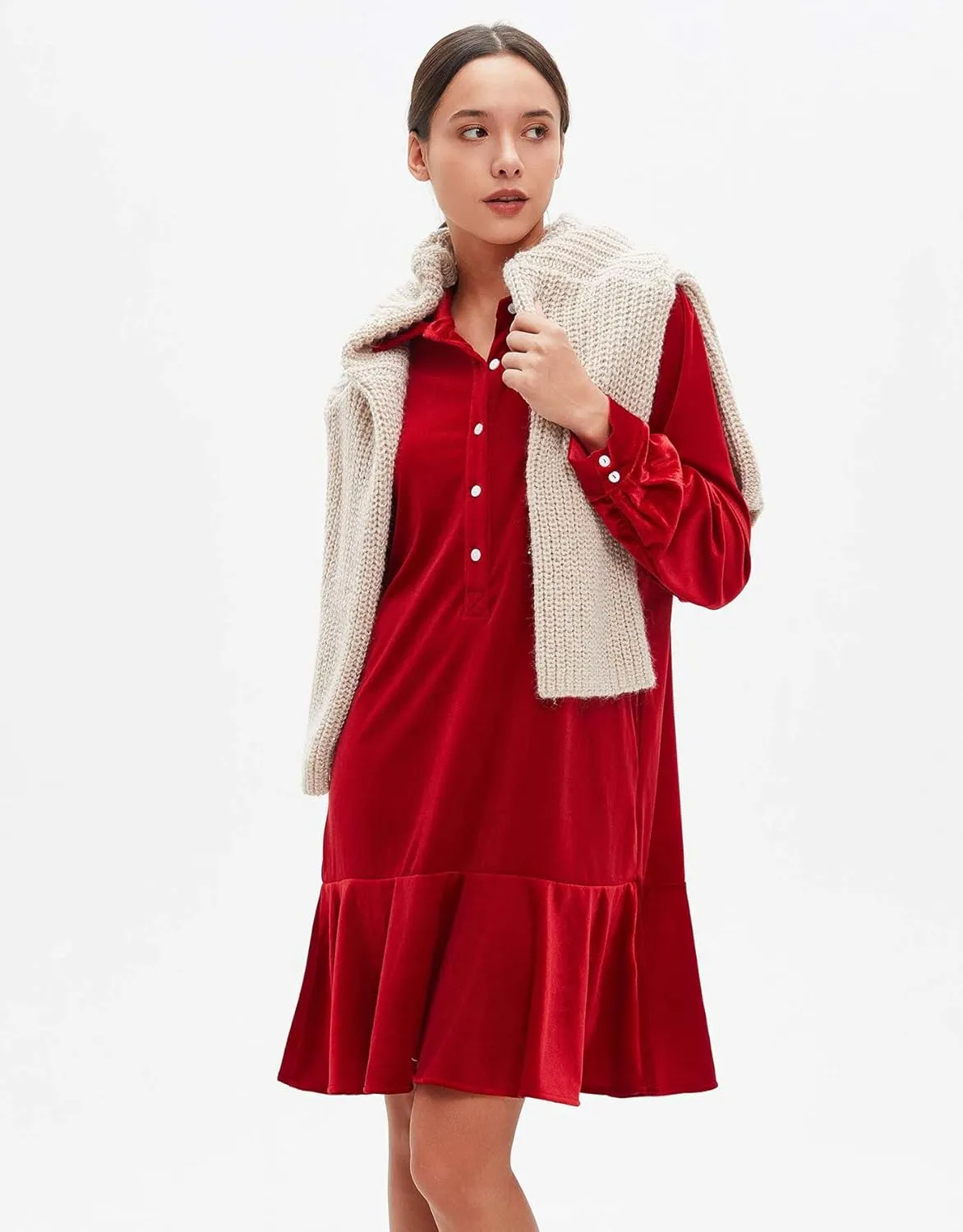 Women's Fall Velvet Dress V Neck Button Down Tunic Shift Dress Flowy Rufflle Hem Mini Party Dresses with Pockets