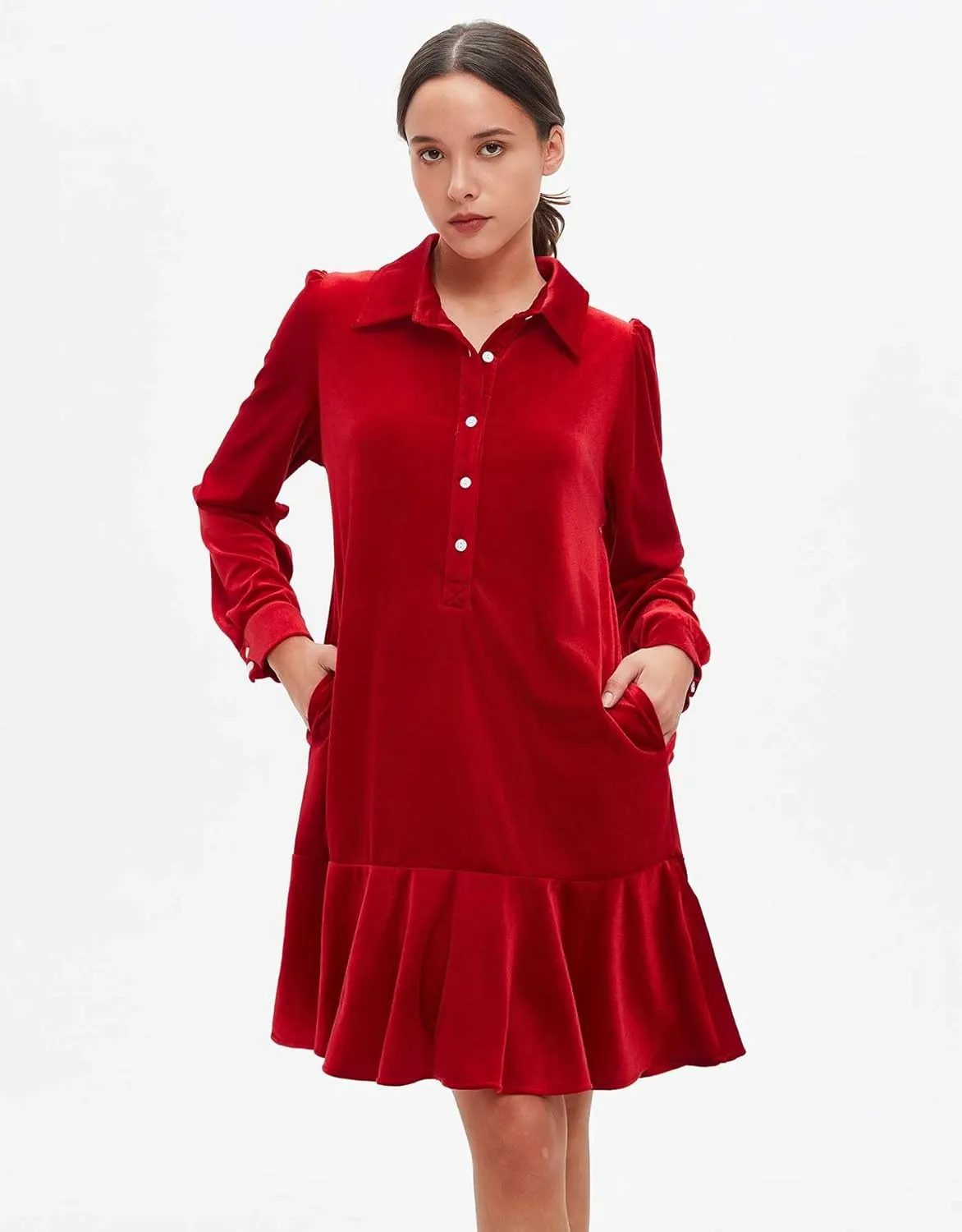 Women's Fall Velvet Dress V Neck Button Down Tunic Shift Dress Flowy Rufflle Hem Mini Party Dresses with Pockets