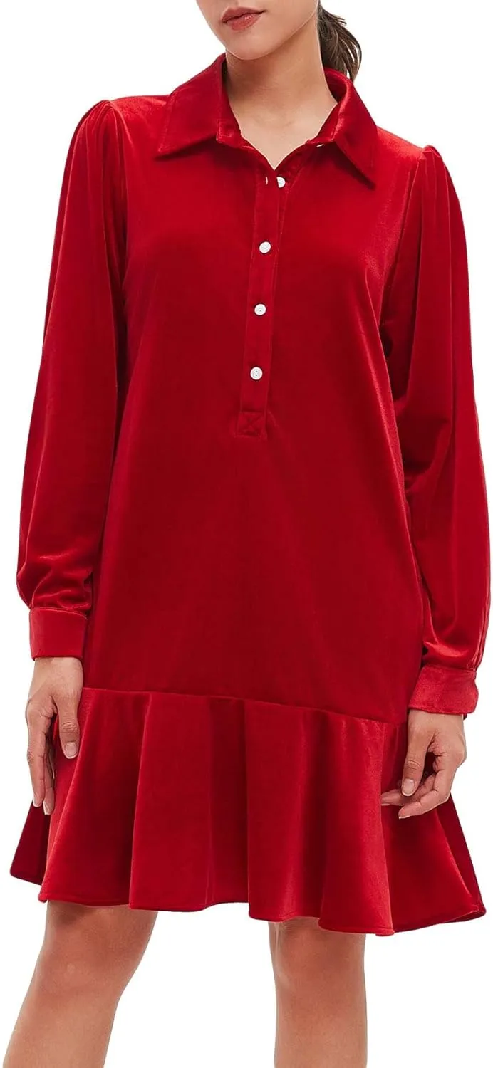Women's Fall Velvet Dress V Neck Button Down Tunic Shift Dress Flowy Rufflle Hem Mini Party Dresses with Pockets