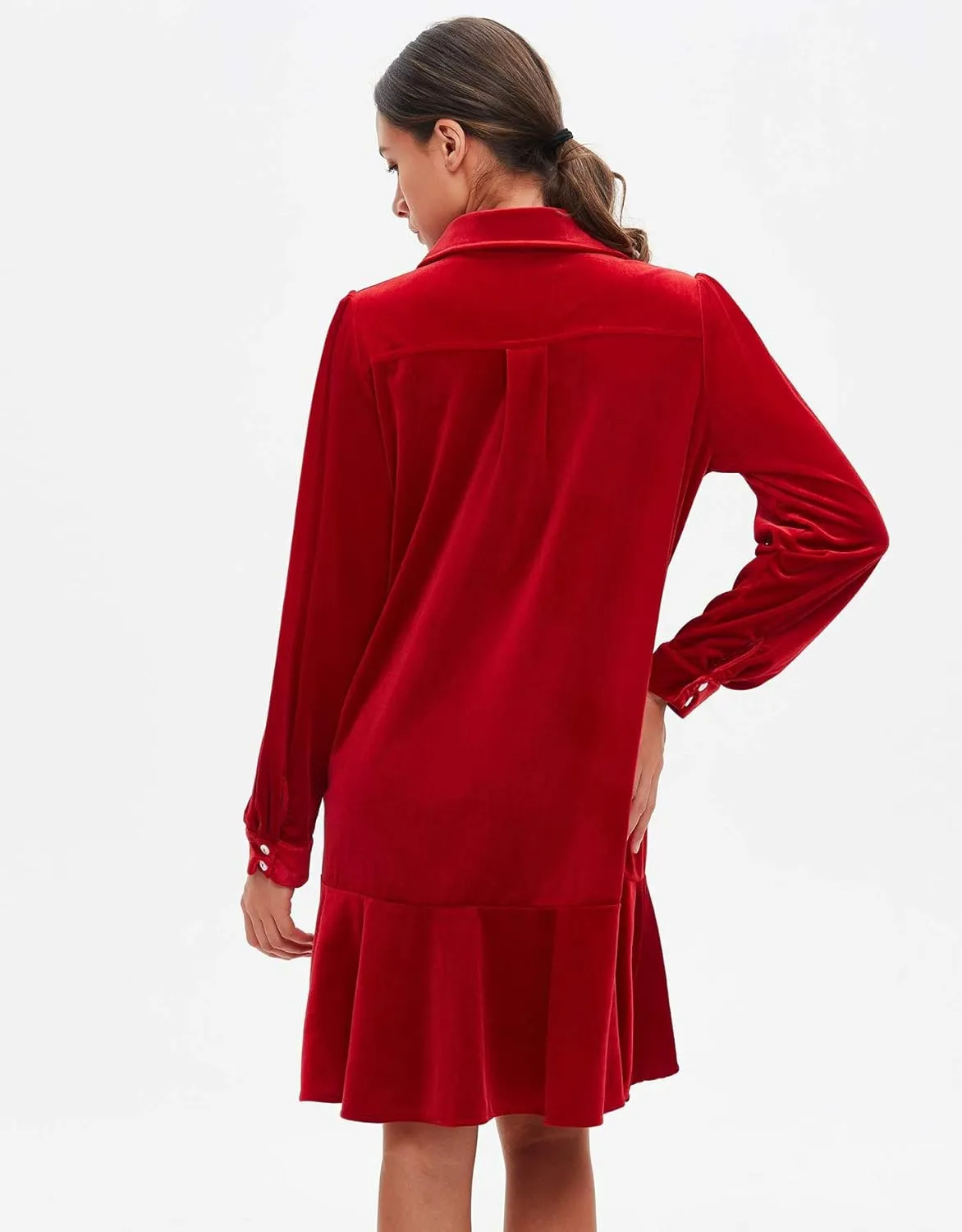 Women's Fall Velvet Dress V Neck Button Down Tunic Shift Dress Flowy Rufflle Hem Mini Party Dresses with Pockets