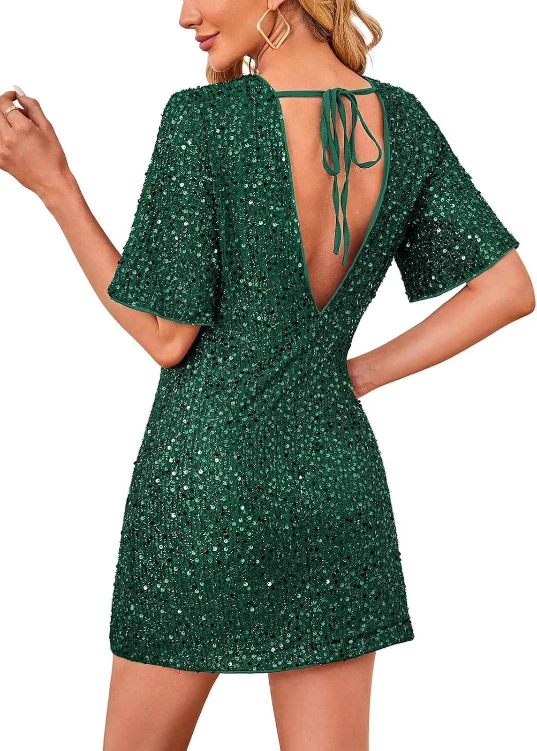 Women's Sequin Mini Club Party Dress Short Sleeve Crewneck Tie Backless Velvet Dresses