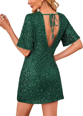 Women's Sequin Mini Club Party Dress Short Sleeve Crewneck Tie Backless Velvet Dresses