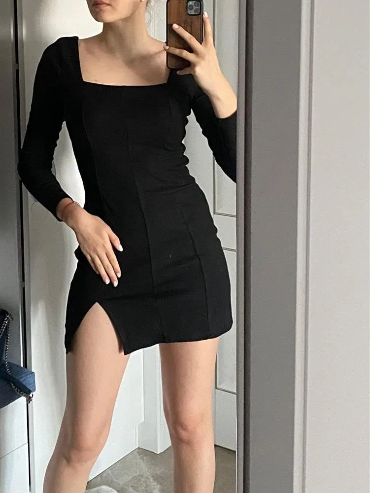 Womens Sexy Velvet Bodycon Dress Gothic Square Neck Long Sleeve Mini Party Dress Rave Festival Clubwear