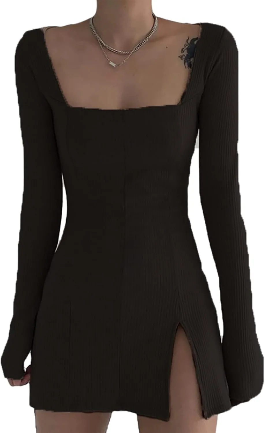 Womens Sexy Velvet Bodycon Dress Gothic Square Neck Long Sleeve Mini Party Dress Rave Festival Clubwear
