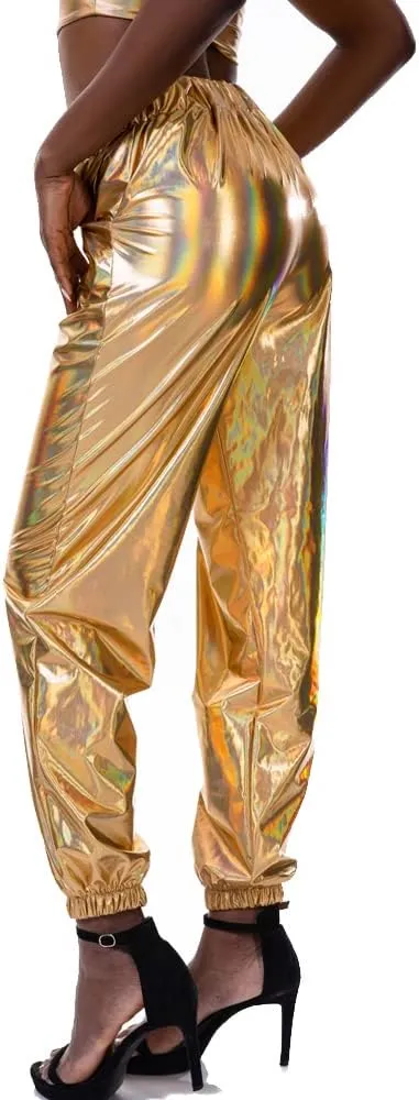 Womens Shiny Metallic Pants, Holographic Disco Sweatpant for 70s 80s Alien Space Cowgirl Halloween Costume
