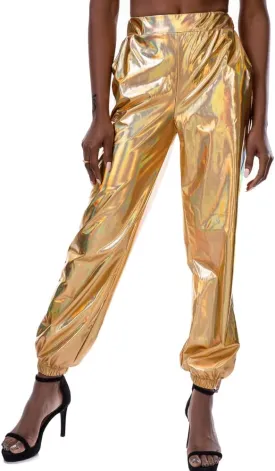 Womens Shiny Metallic Pants, Holographic Disco Sweatpant for 70s 80s Alien Space Cowgirl Halloween Costume