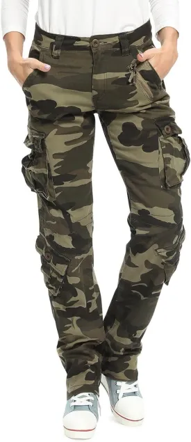Womens Stretch Casual Cargo Work Pants Camo Combat Tactical Travel Pants with 8 Pockets