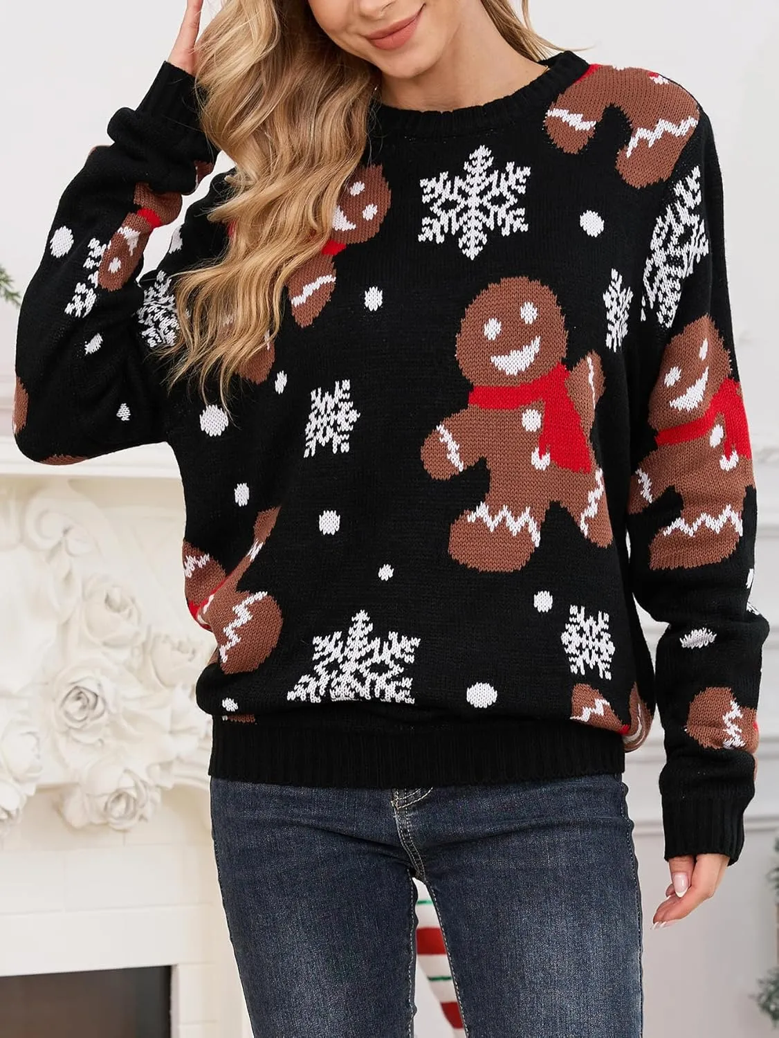 YIJIU Ugly Christmas Sweaters for Women Holiday Funny Novelty Reindeer Long Sleeve Knitted Pullover Sweater Top