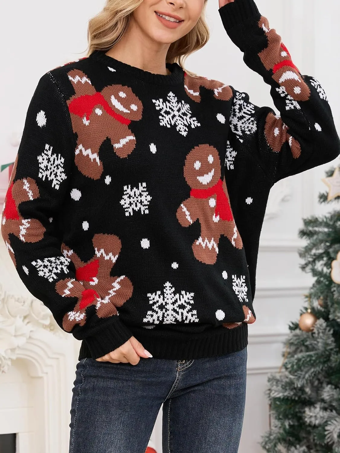 YIJIU Ugly Christmas Sweaters for Women Holiday Funny Novelty Reindeer Long Sleeve Knitted Pullover Sweater Top