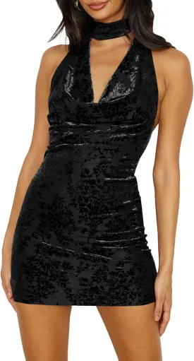 ZAFUL Women's Velvet Mini Dress Cowl Neck Halter Sleeveless Backless Party Bodycon Dress